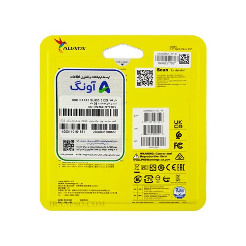 هارد SSD لپ تاپ 512 گیگابایت Adata Sata 2.5Inch SU650 گارانتی آونگ