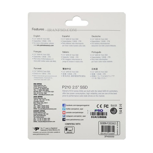 هارد SSD لپ تاپ 256 گیگابایت Patriot Sata 2.5Inch_P210 یکسال گارانتی افق