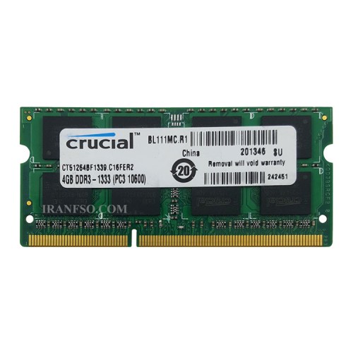 رم لپ تاپ 4 گیگ Crucial DDR3 -1333-10600 MHZ 1.5V شش ماه گارانتی