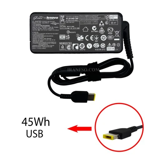 آداپتور لپ تاپ لنوو 20V 2.25A Gimo Plus سر یو اس بی کابل سه تایی