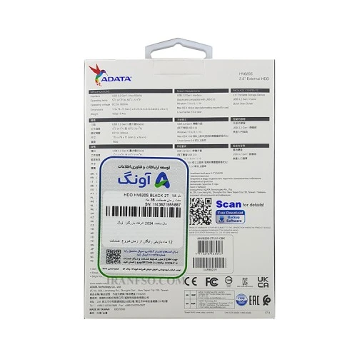 هارد HDD لپ تاپ 2 ترابایت Adata HV620S Slim External مشکی-گارانتی آونگ