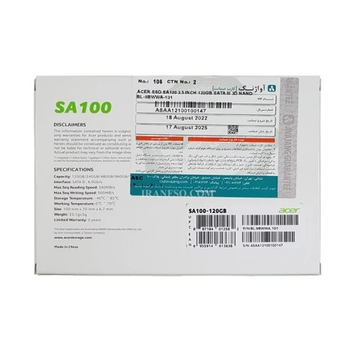 هارد SSD لپ تاپ 120 گیگابایت ایسر Sata 2.5Inch SA100 گارانتی آواژنگ