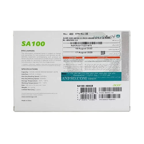 هارد SSD لپ تاپ 480 گیگابایت ایسر Sata 2.5Inch SA100 گارانتی آواژنگ