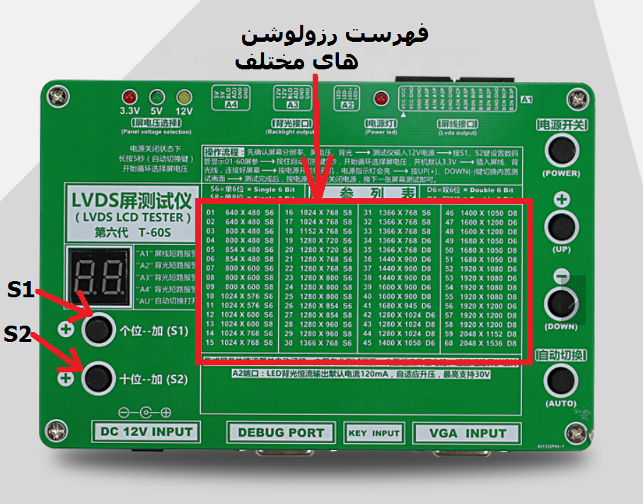 رزولوشن های تستر ال ای دی - ال سی دی T-60S LVDS